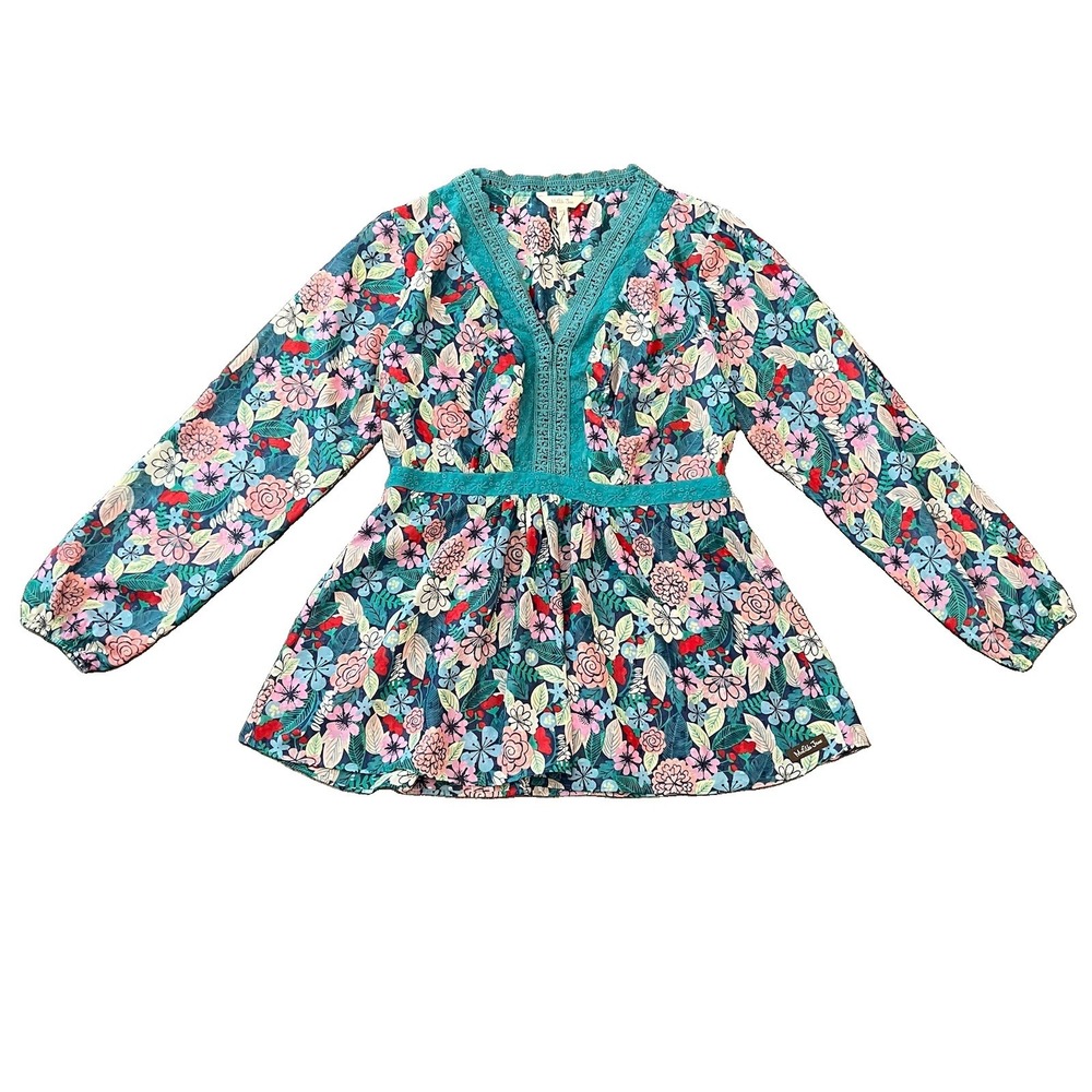 Matilda Jane Women's Floral Top Large Embroidered Cinched Waist SHEER Green Pink